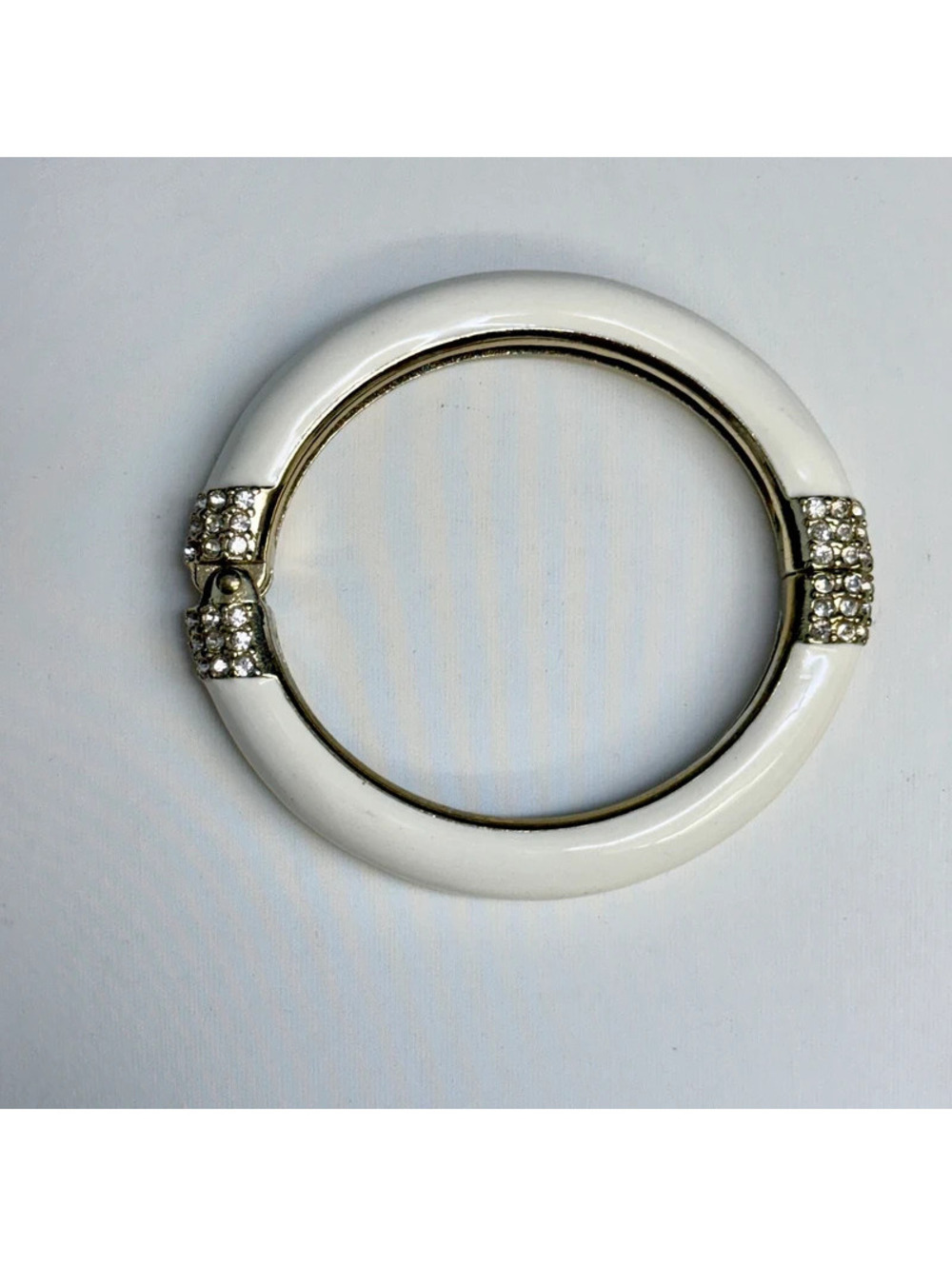 Lydell NYC White Cream Enamel Hinged Bangle Bracelet Rhinestone Crystal